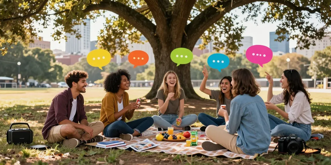Friends enjoying a lively picnic while discussing their crush on someone in a vibrant urban park.