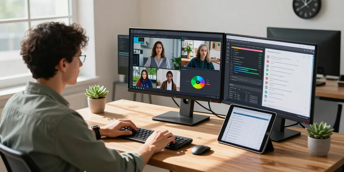 AI image detector used by an analyst in a modern workspace, analyzing flagged content on dual monitors with real-time metrics.