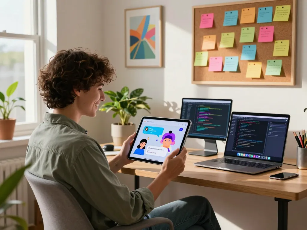 Interactive moment with crushon ai chatbot in modern home office