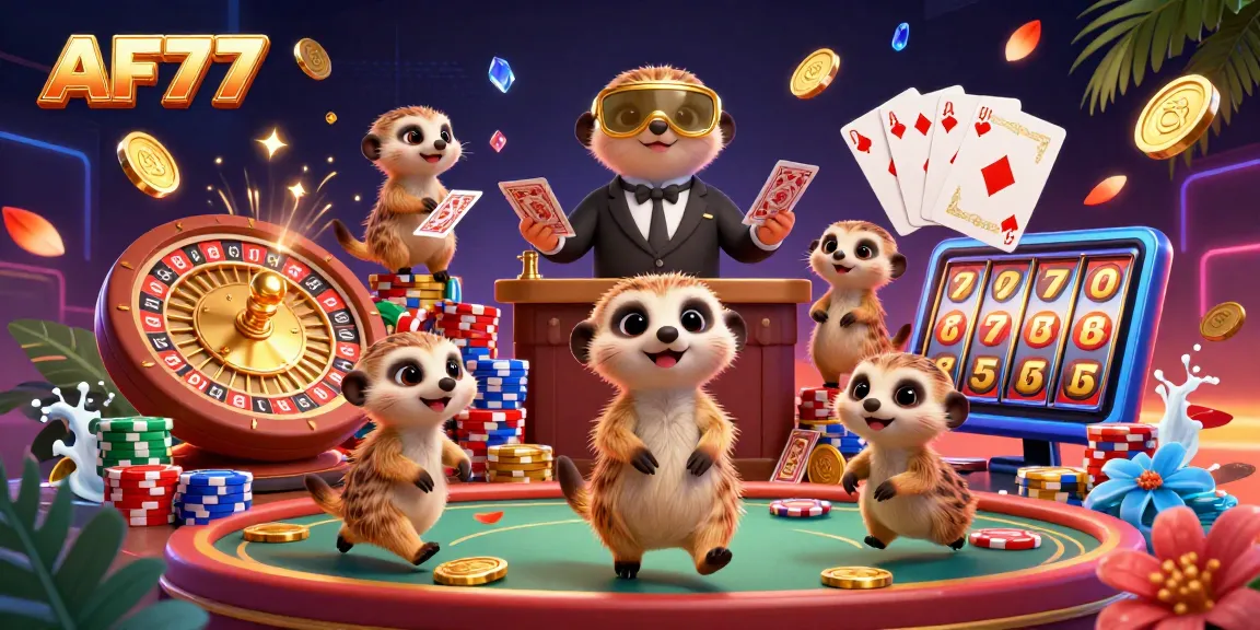 Experience thrilling gameplay at AF77 with dynamic meerkats in an animated casino atmosphere.