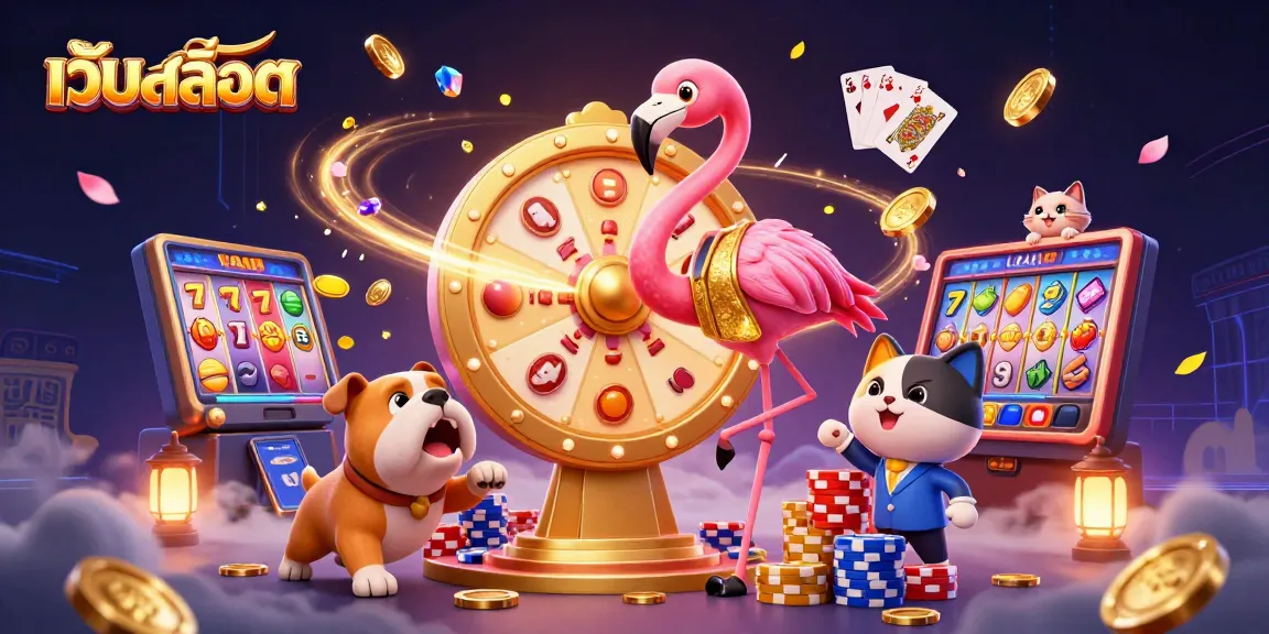 Play exciting เว็บสล็อต games with vibrant visuals featuring a game show host flamingo, bulldog, and cat assistant.