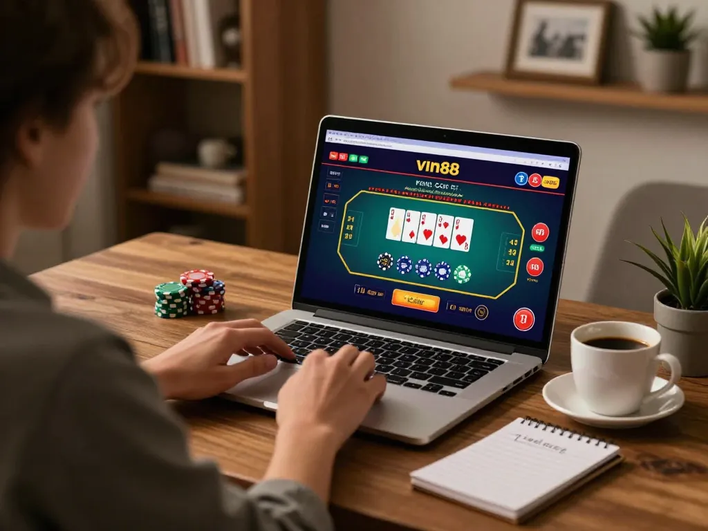 Engaging with vin88 online casino games on a stylish laptop in a cozy home office.