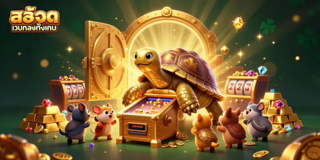 Experience the excitement of สล็อตเว็บตรงทั้งหมด with a colorful, vibrant illustration of a colossal golden tortoise pinball machine.
