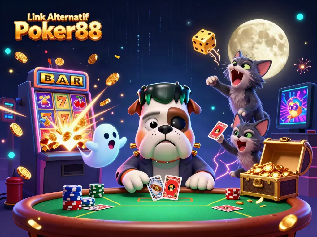 Experience Link Alternatif Poker88 with a dynamic casino scene featuring a Frankenstein bulldog and more.