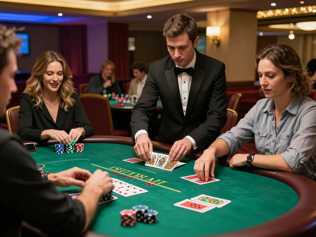 Sunwin players engaged in intense blackjack strategy with dealer dealing cards at stylish casino.