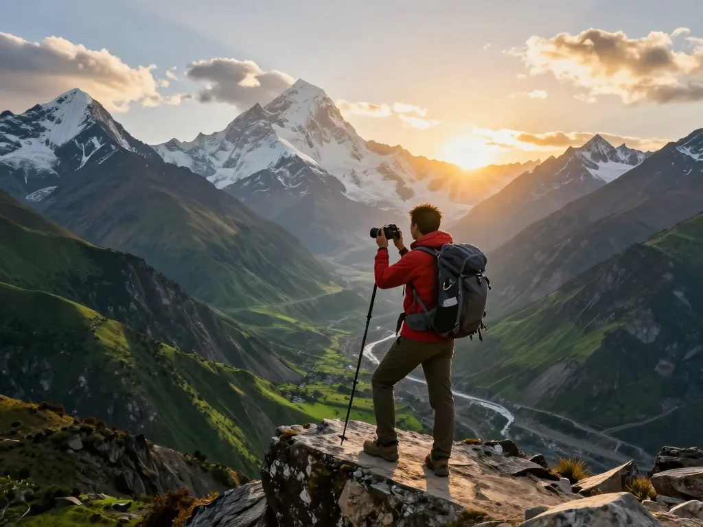 Everest Base Camp Heli Trek traveler standing on cliff with dramatic mountain backdrop at sunset.