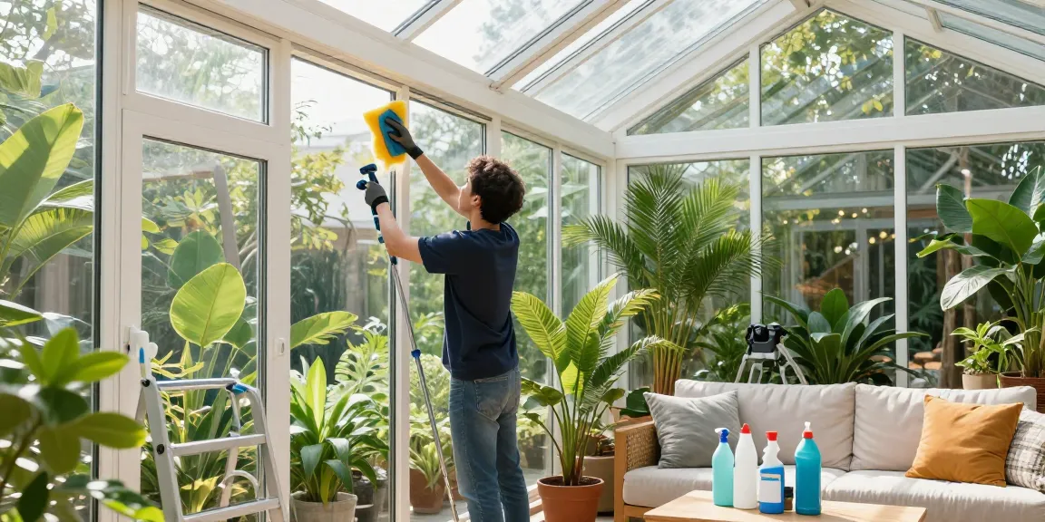 Professionelle Wintergartenreinigung: Mitarbeiter reinigt Glasflächen und Fensterrahmen in lichtdurchflutetem Wintergarten mit Pflanzen und gemütlicher Sitzecke.
