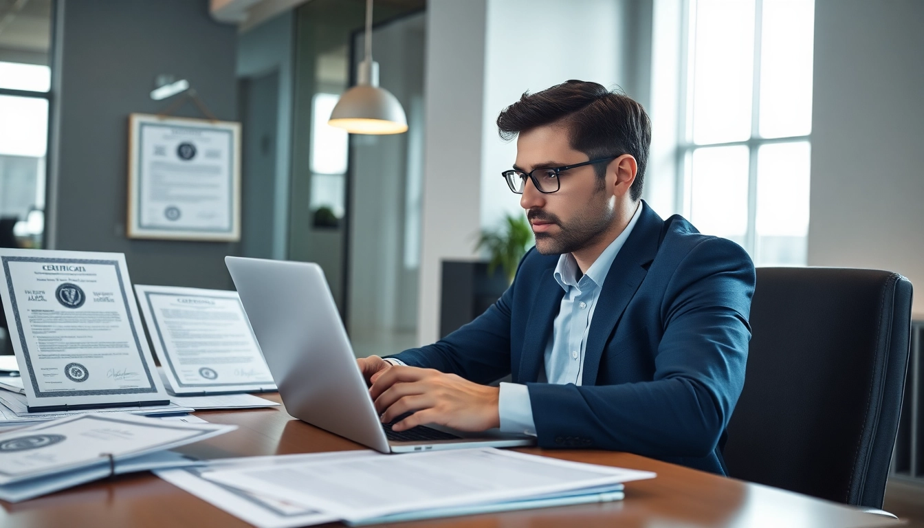 Consultant focusing on registration and certification in Federal databases for federal contracts while surrounded by documents.