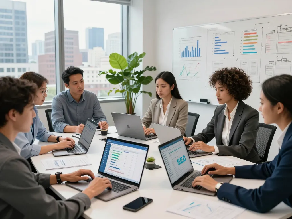 SEO team collaborating in a modern office, showcasing strategies for Best SEO Company NYC.