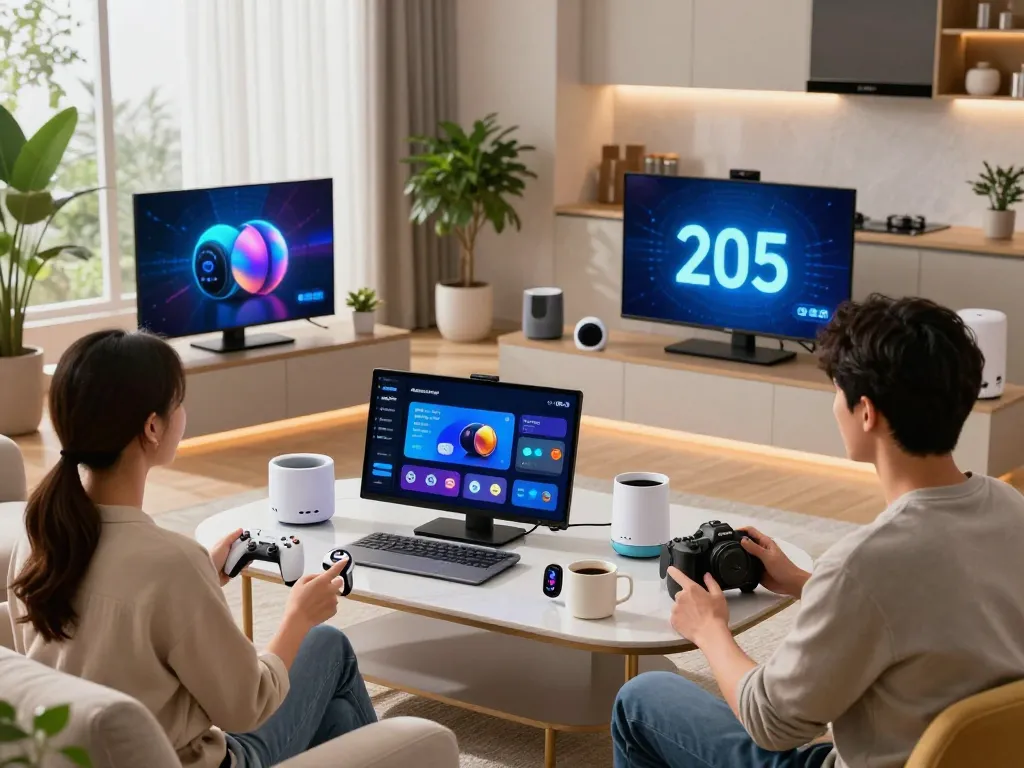 Showcasing top 10 tech gadgets 2055 with individuals exploring Bluetooth devices in a modern living room.