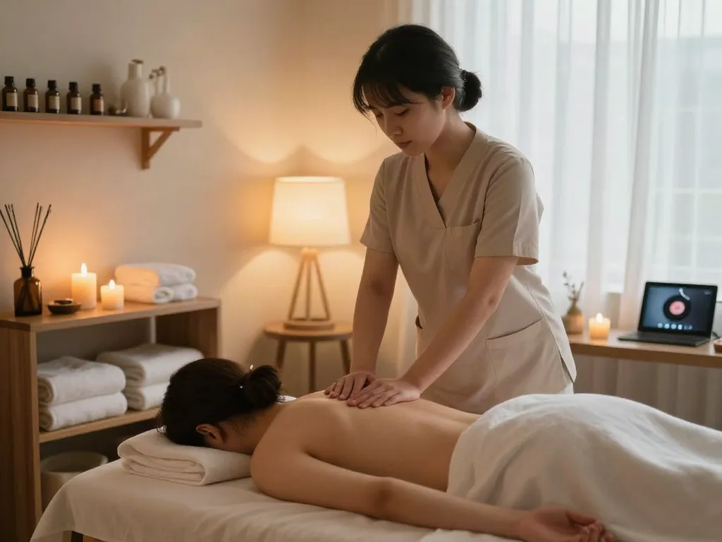 Relaxing 대화동출장마사지 session in a serene home wellness space with ambient lighting and soothing aromas.