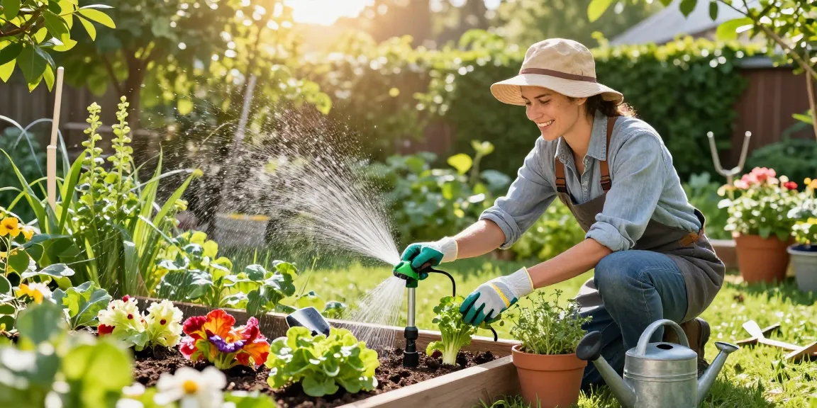 Gardener using rainpoint water timer in vibrant flower garden setup