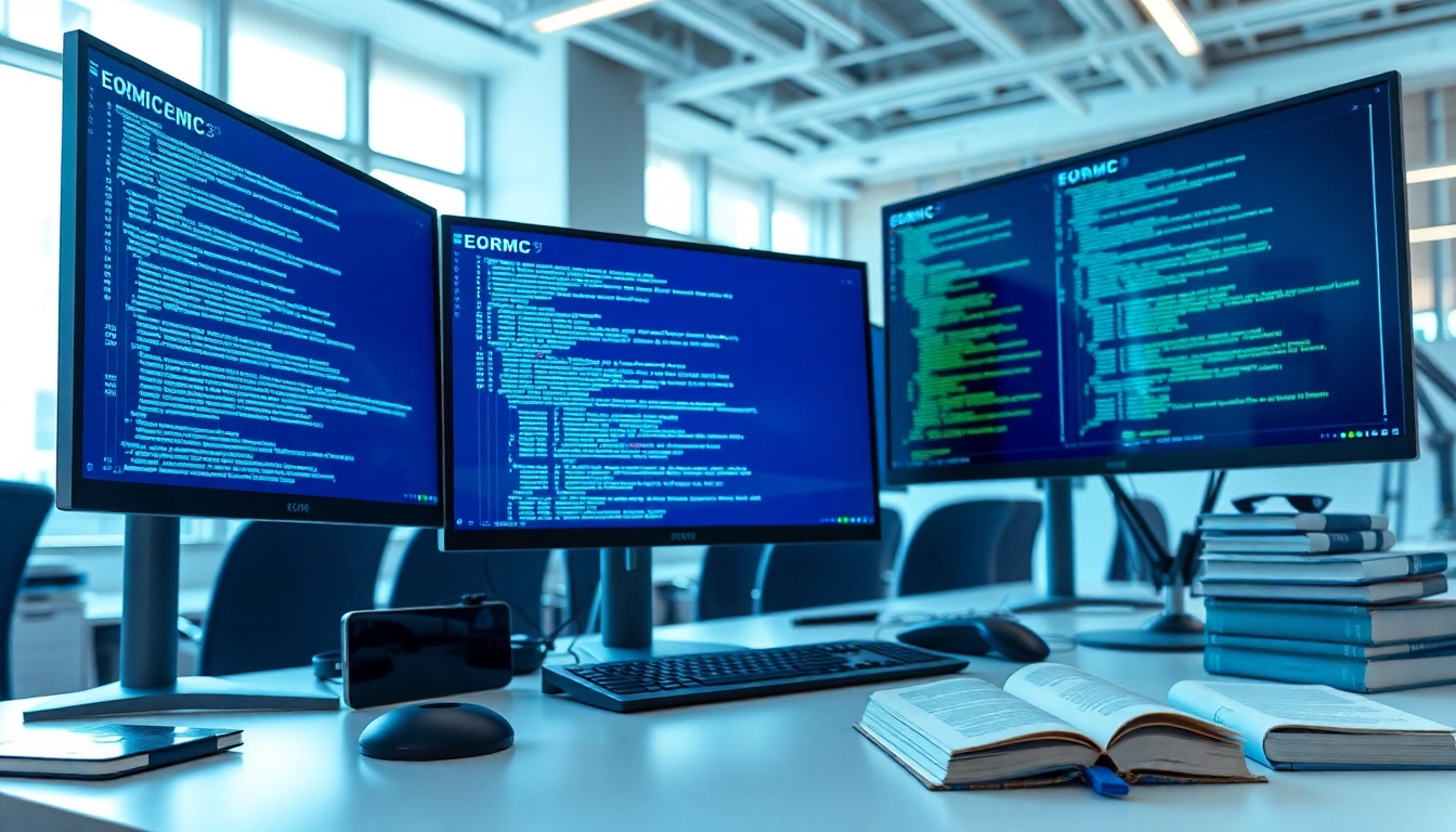 Visual representation of EORMC AI blockchain development in a modern workspace.