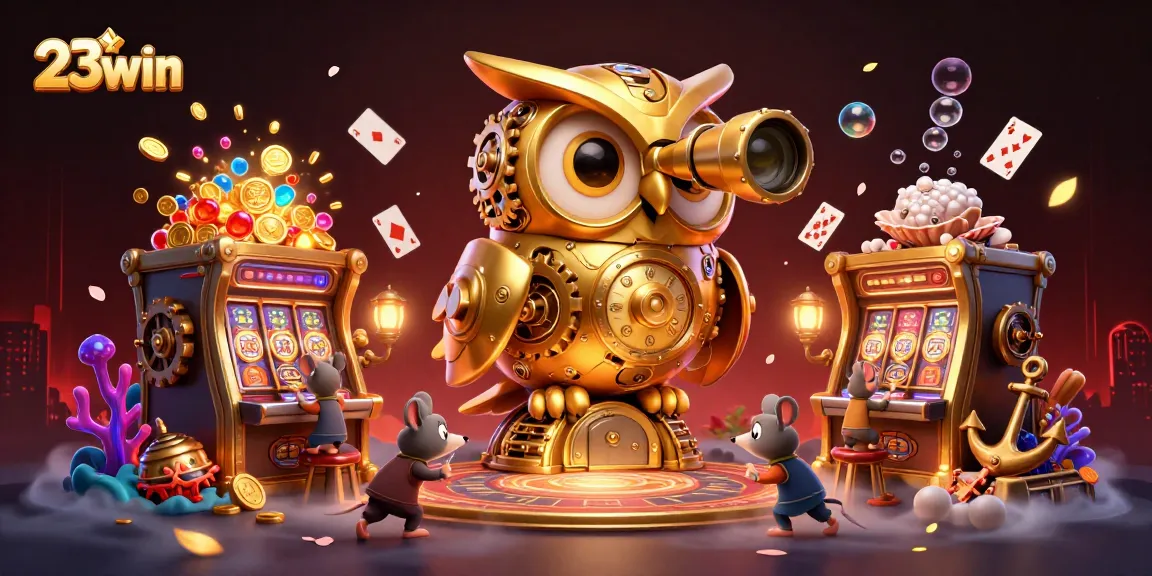 Engage with the thrilling world of 23win, featuring vibrant characters set against a dynamic casino backdrop.