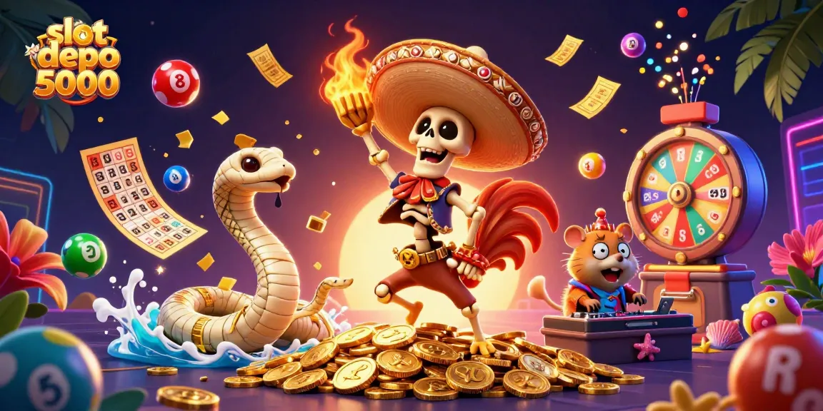 Experience big wins with slot depo 5000 in this vibrant casino-themed 3D illustration.