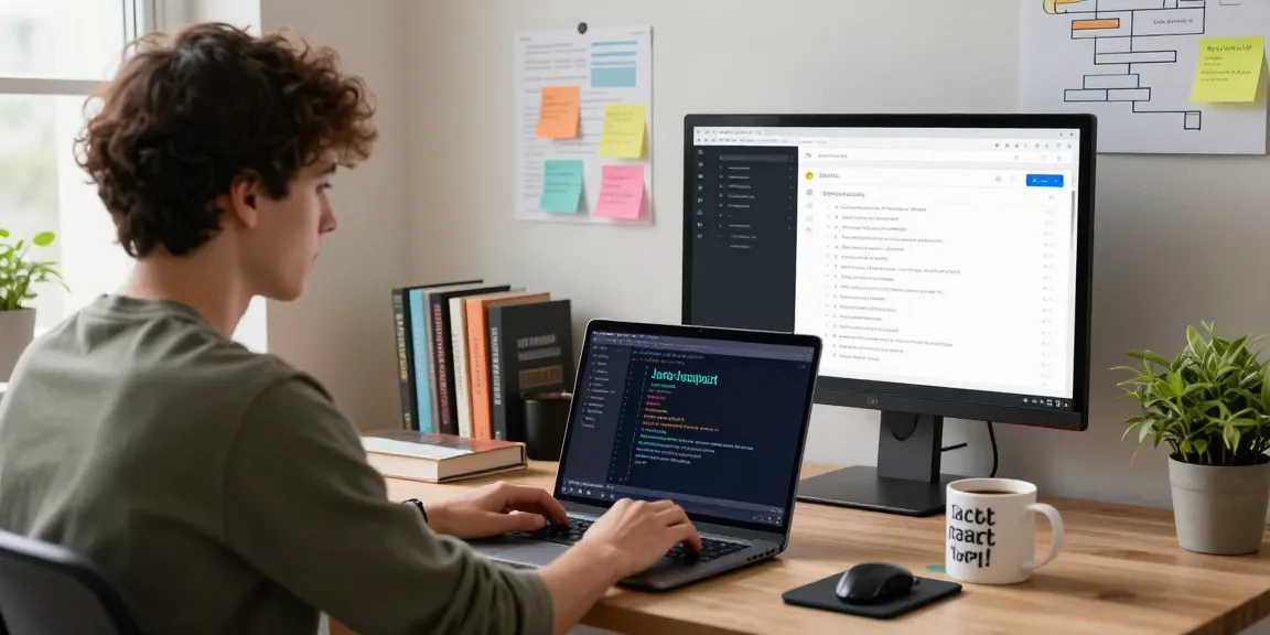Advanced React developer course student focused on learning in a modern home workspace with coding tools and resources.