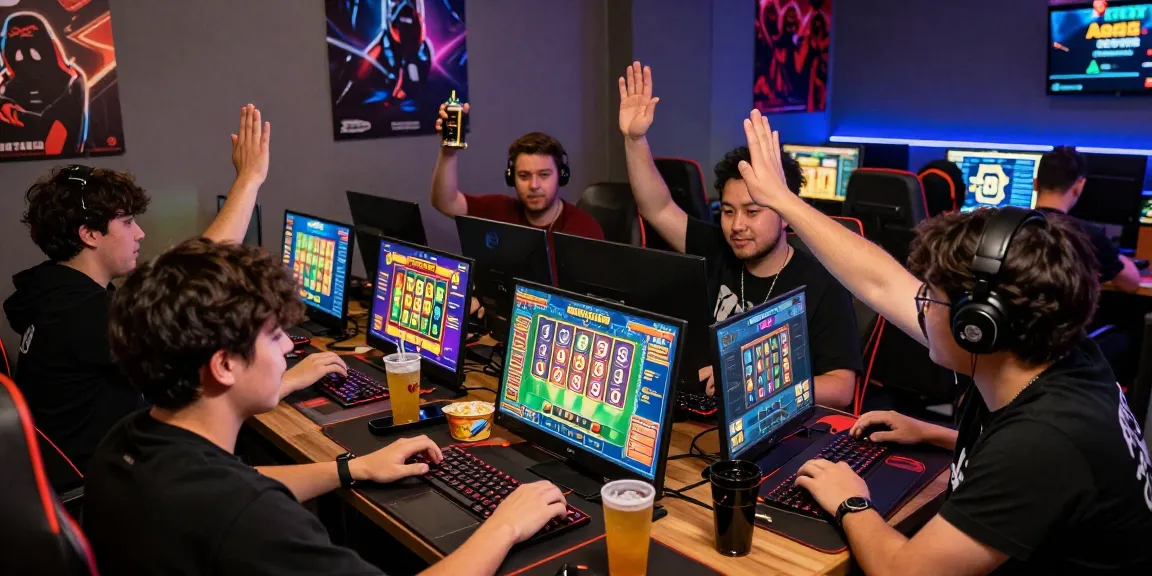 Excited players engaging in a rokok88 slot game in a vibrant gaming lounge.