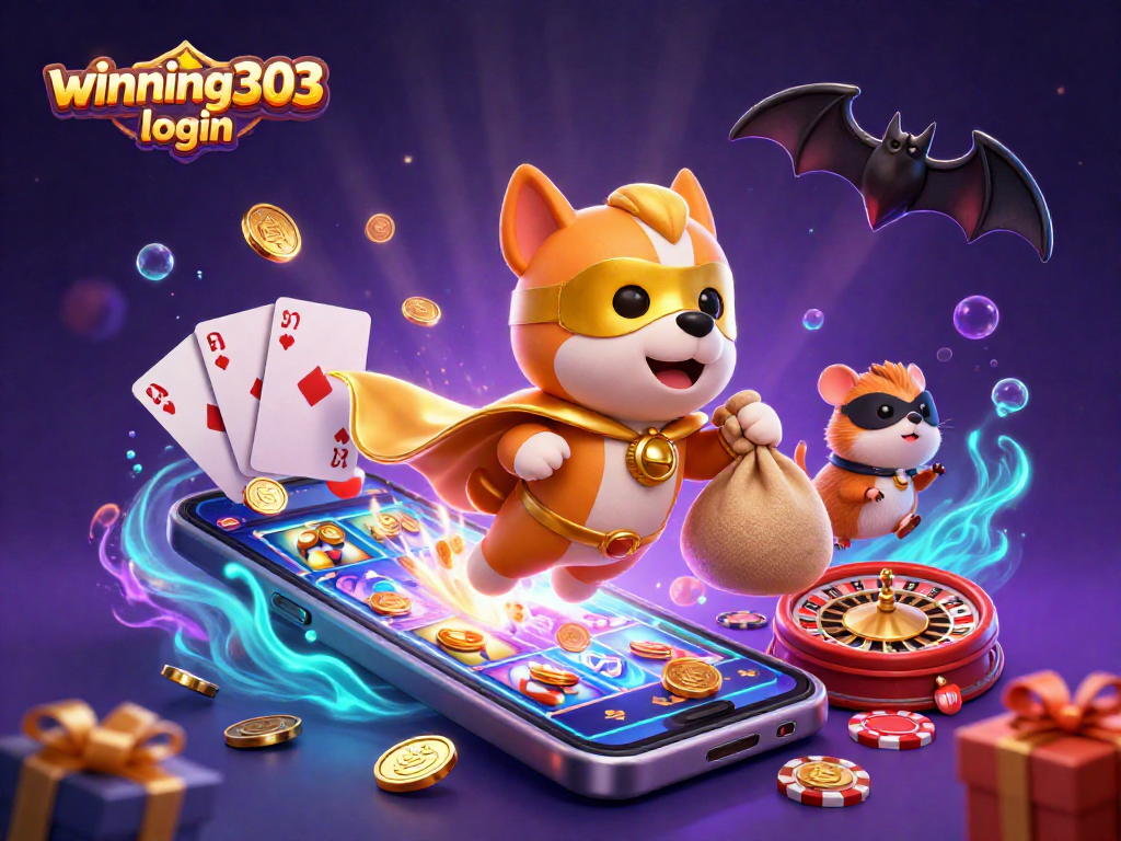 Engage with winning303 login through a vibrant 3D illustration of casino elements and characters.
