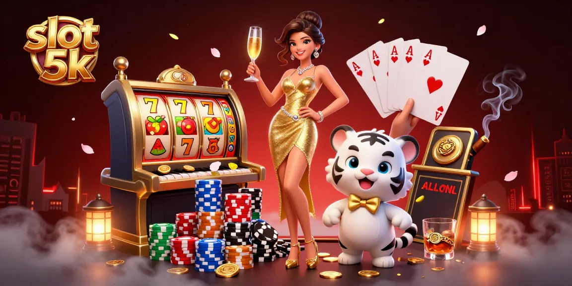 Experience excitement with slot 5k, featuring a glamorous woman and a lucky tiger in a casino