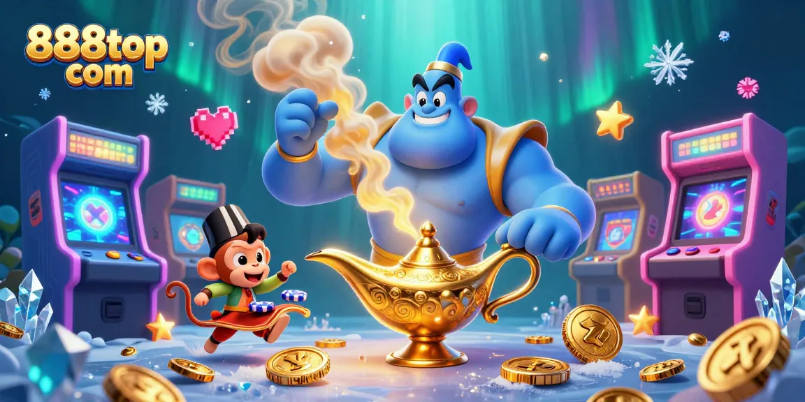 Experience the thrill of winning with 888top com, featuring a playful genie, monkey, and magic carpet in a vibrant casino scene.
