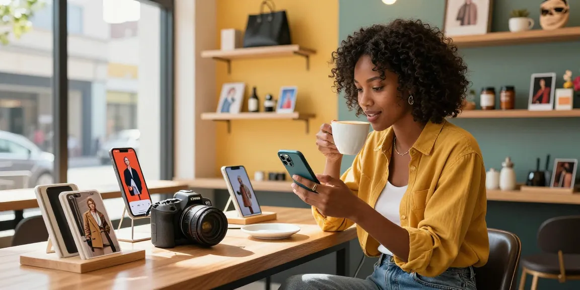 Scène de lifestyle e-commerce mettant en avant un modèle explorant des produits de mode, illustrant des photos de haute qualité de l'e-commerce.