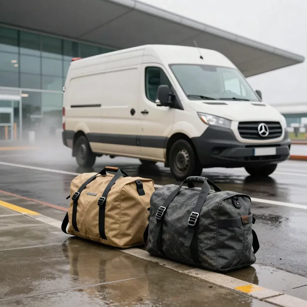 Airport shuttle van beside two trail bags on a wet curb in rain mist under terminal canopy.