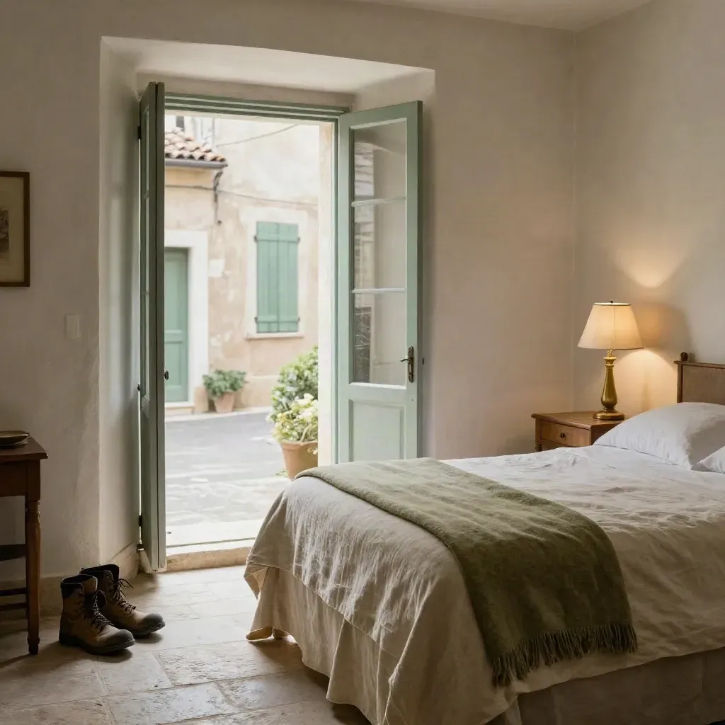 Cosy pilgrim room with linen bed, lamp, boots by the door, and a window to the lane.