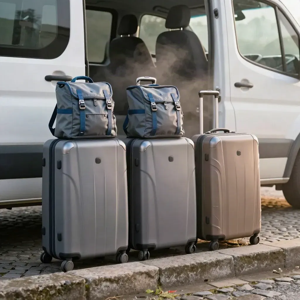 Three suitcases and a day-pack beside a white transfer van at a stone curb.