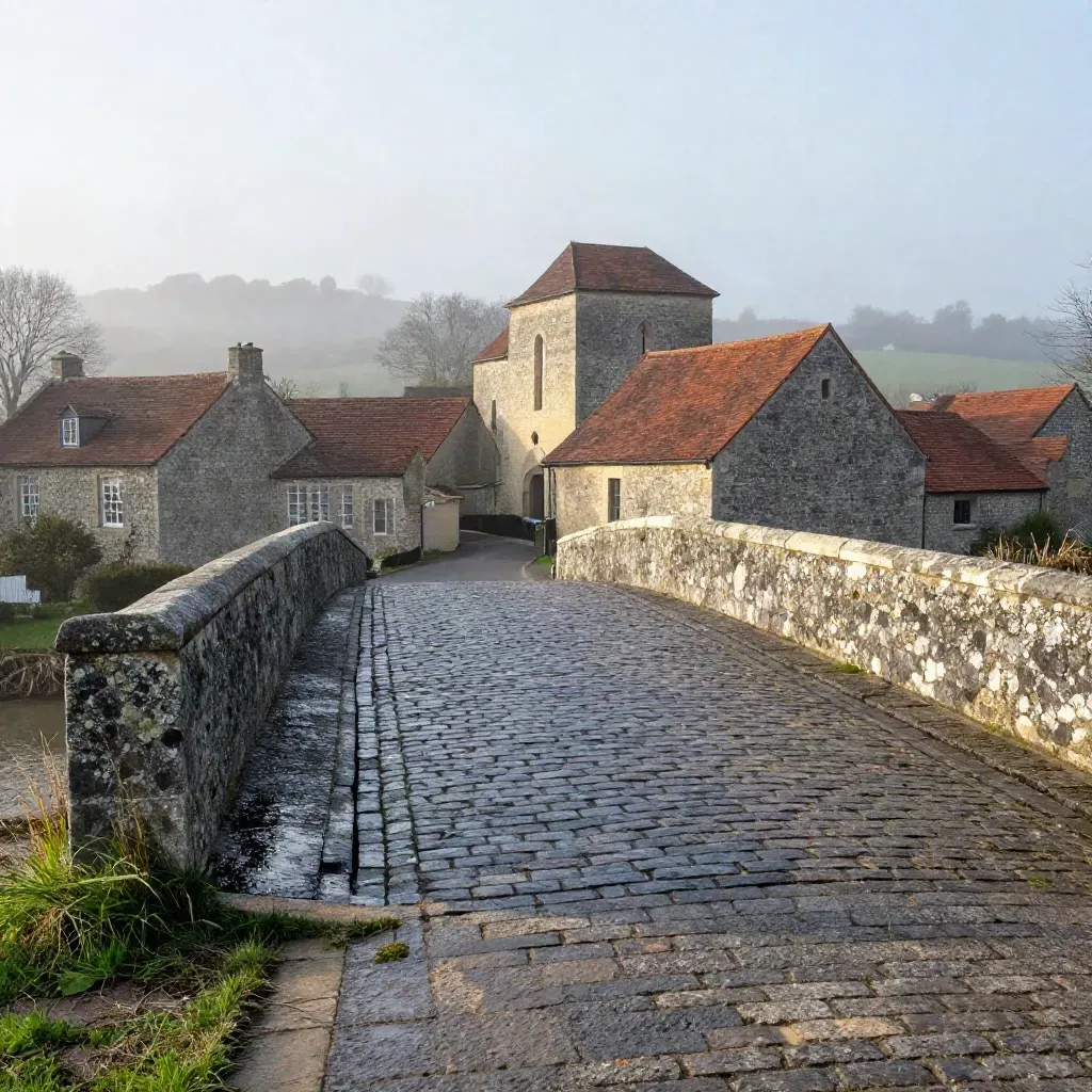 Empty Camino route through a stone bridge, village lane, and misty hill chapel at dawn