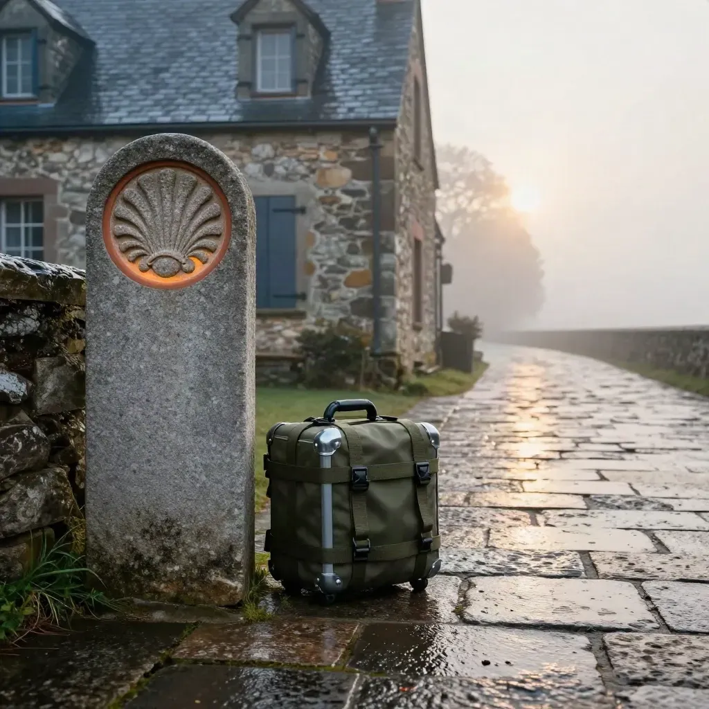 Wet Camino path, stone waymarker, transfer case, and inn facade in dawn mist.