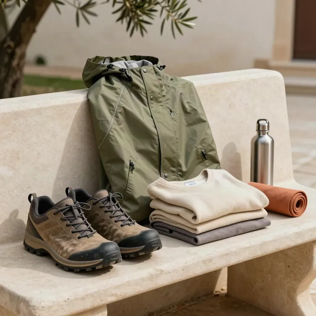 Camino packing kit on stone: trail shoes, rain shell, merino layers, pouch and bottle.