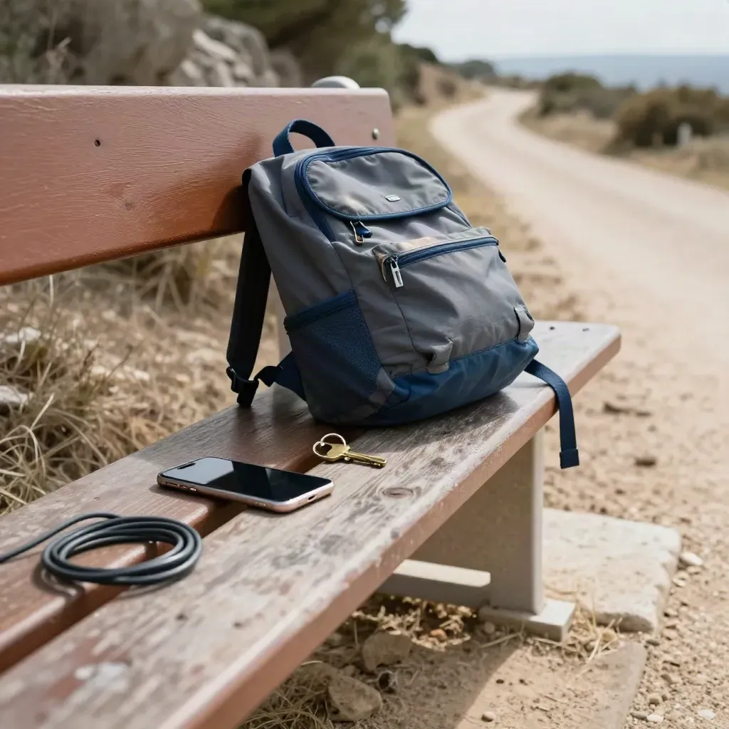 Bench with phone, hostel key, cable, and day-pack beside a dusty Camino trail