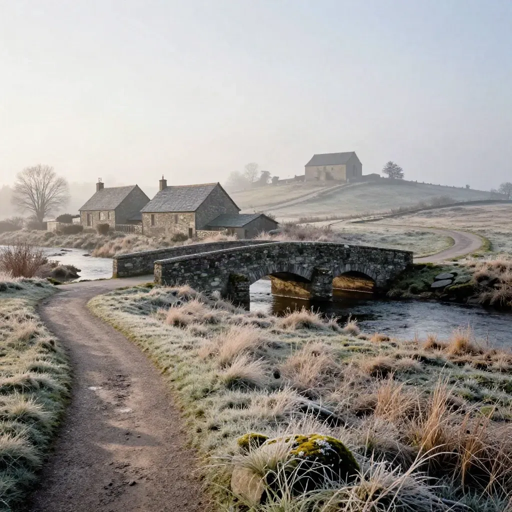 Misty Camino bridge, village roofs, and chapel along an empty morning route