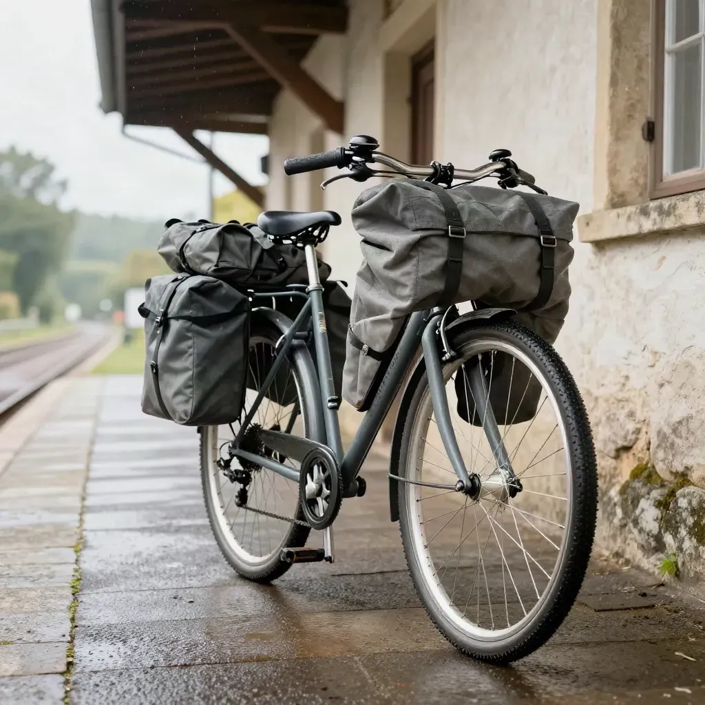 Loaded touring bike beside a wet station platform and inn lane in light drizzle