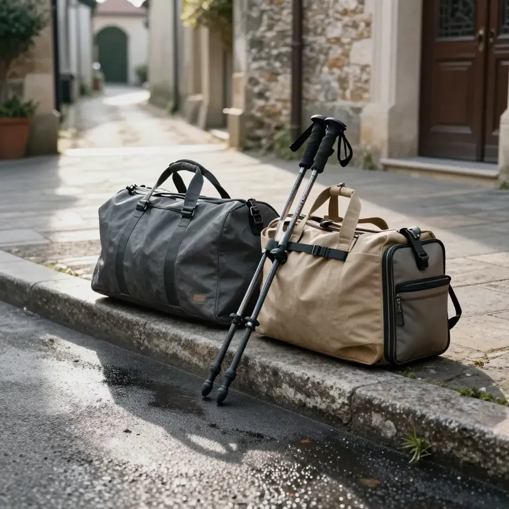 Rugged bags and trekking poles at an airport curb leading to a village inn and trail.