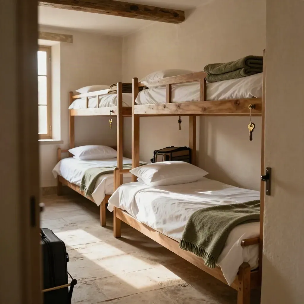 Quiet pilgrim hostel with made beds, pillows, keys on hooks, and warm light through dust.