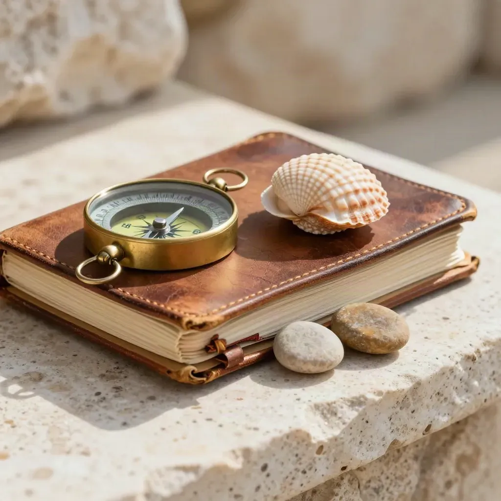 Macro still life of a Camino planner’s journal, brass compass, scallop shell and route pebbles on travertine.