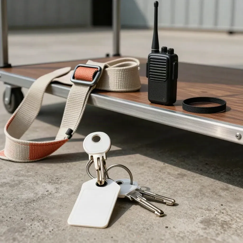 Shuttle keys, luggage strap and dispatch radio on brushed metal in a dim transfer bay.