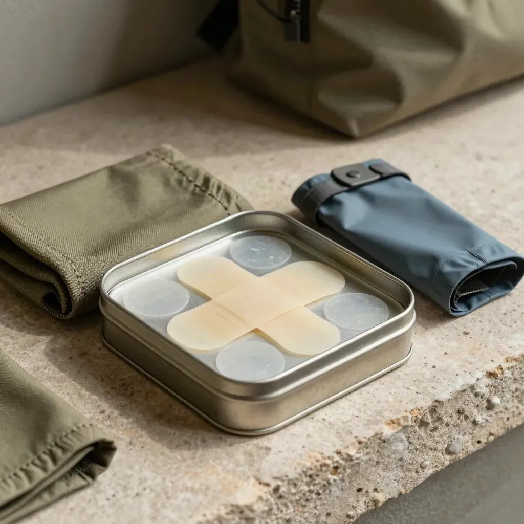 Open blister kit tin with patches, gaiter fabric and rain shell cuff on stone.
