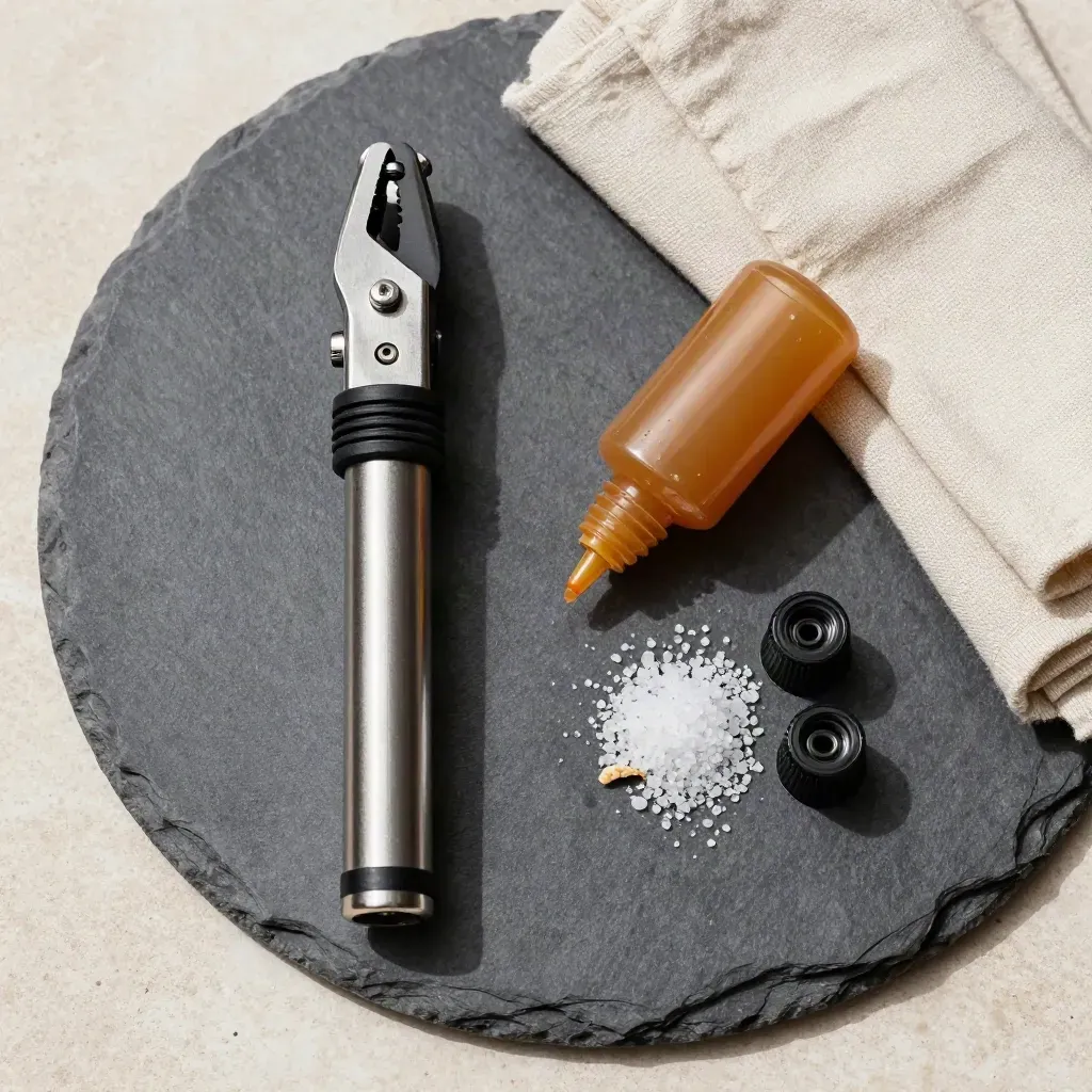 Top-down slate tray with pump head, chain lube, salt snack, and valve caps