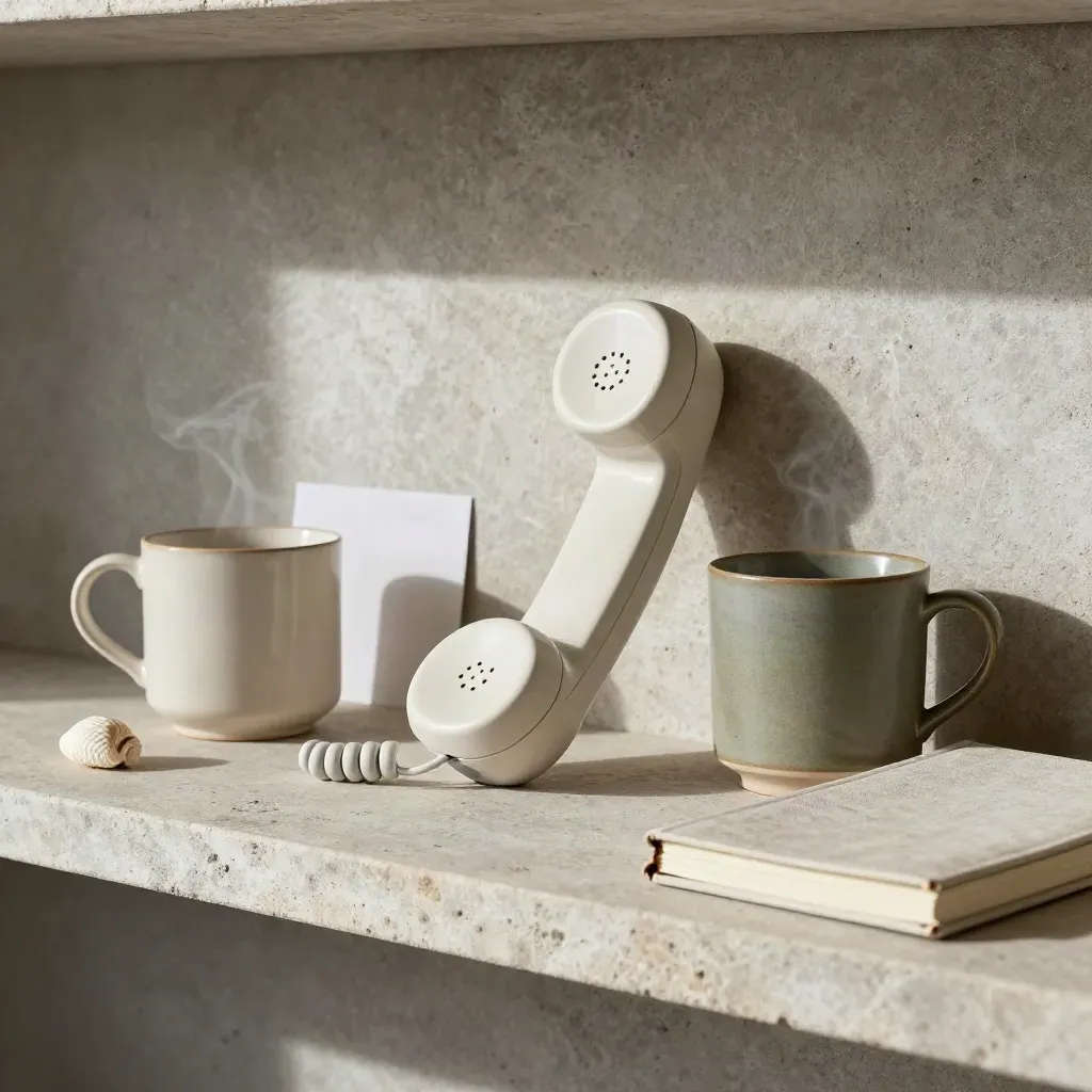 Phone handset, two ceramic mugs, shell token and closed notebook on a stone shelf