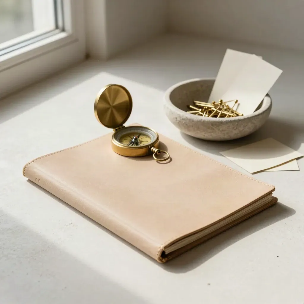 Route planning folio, brass pins, compass and stage cards on an off-white plaster sweep.