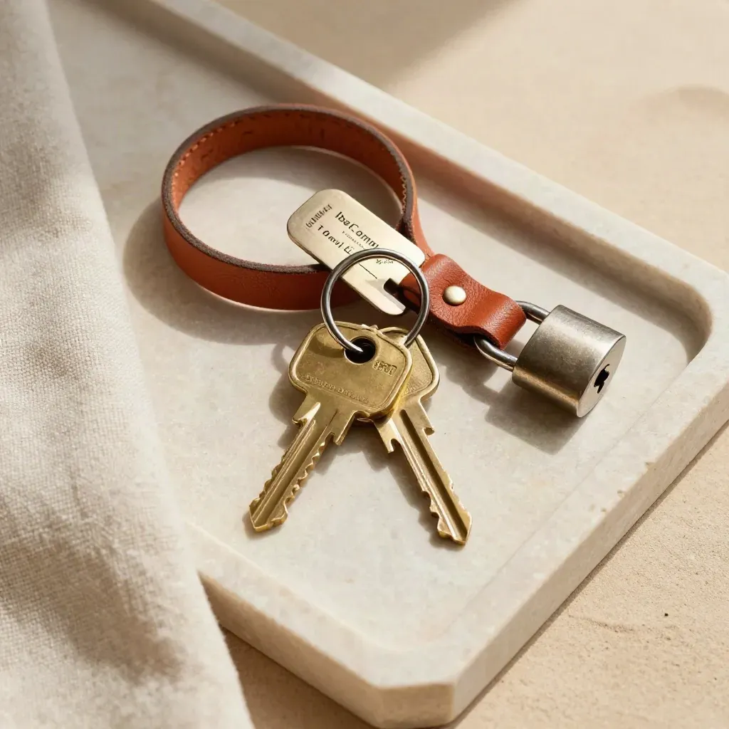 Hotel keys, luggage strap, ferry token and lock arranged neatly on a linen tray.