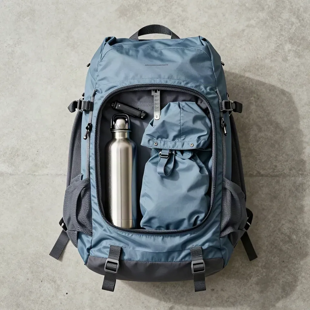Open day pack with charger, water bottle, rain hood and first-aid tin on concrete.