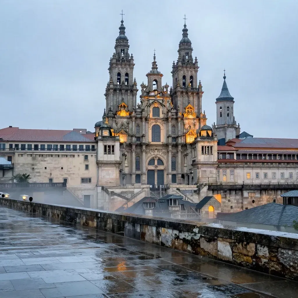 Cathedral skyline over wet stone terraces in blue-hour haze, Santiago de Compostela