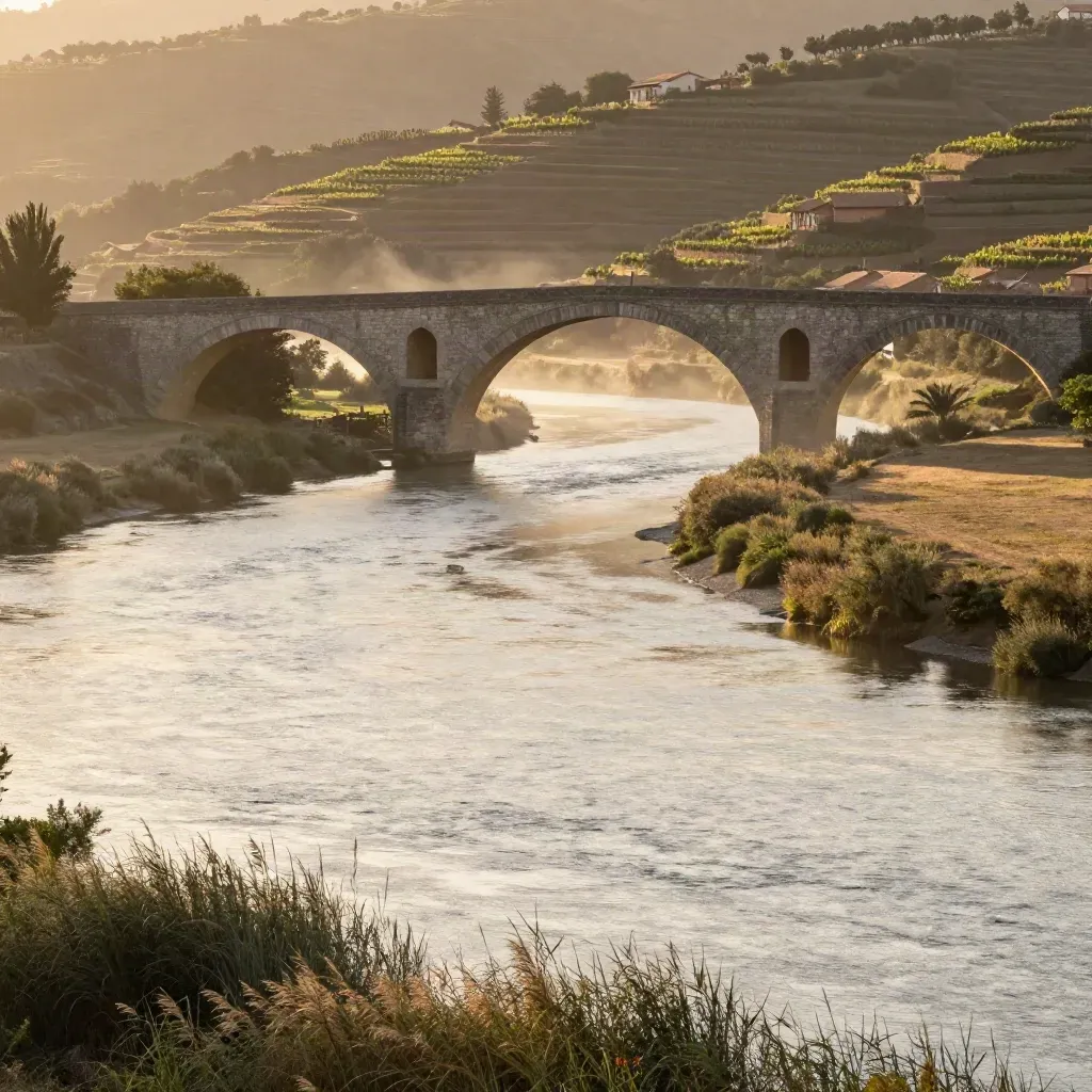 Golden-hour view of Ponte de Lima bridge, river bends and terraced vineyards