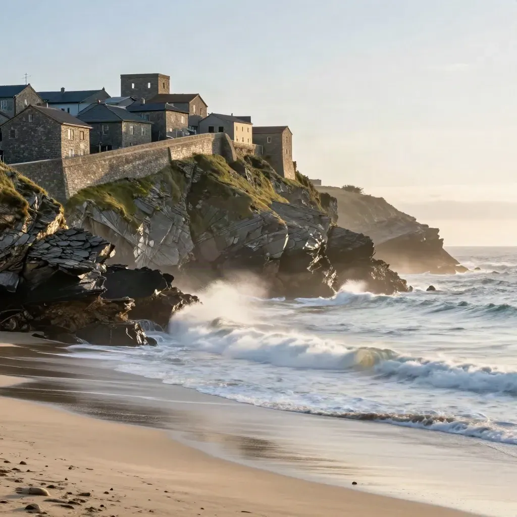 Hazy Northern Spain cliffs, stone hill town above a calm Atlantic shore at dusk.