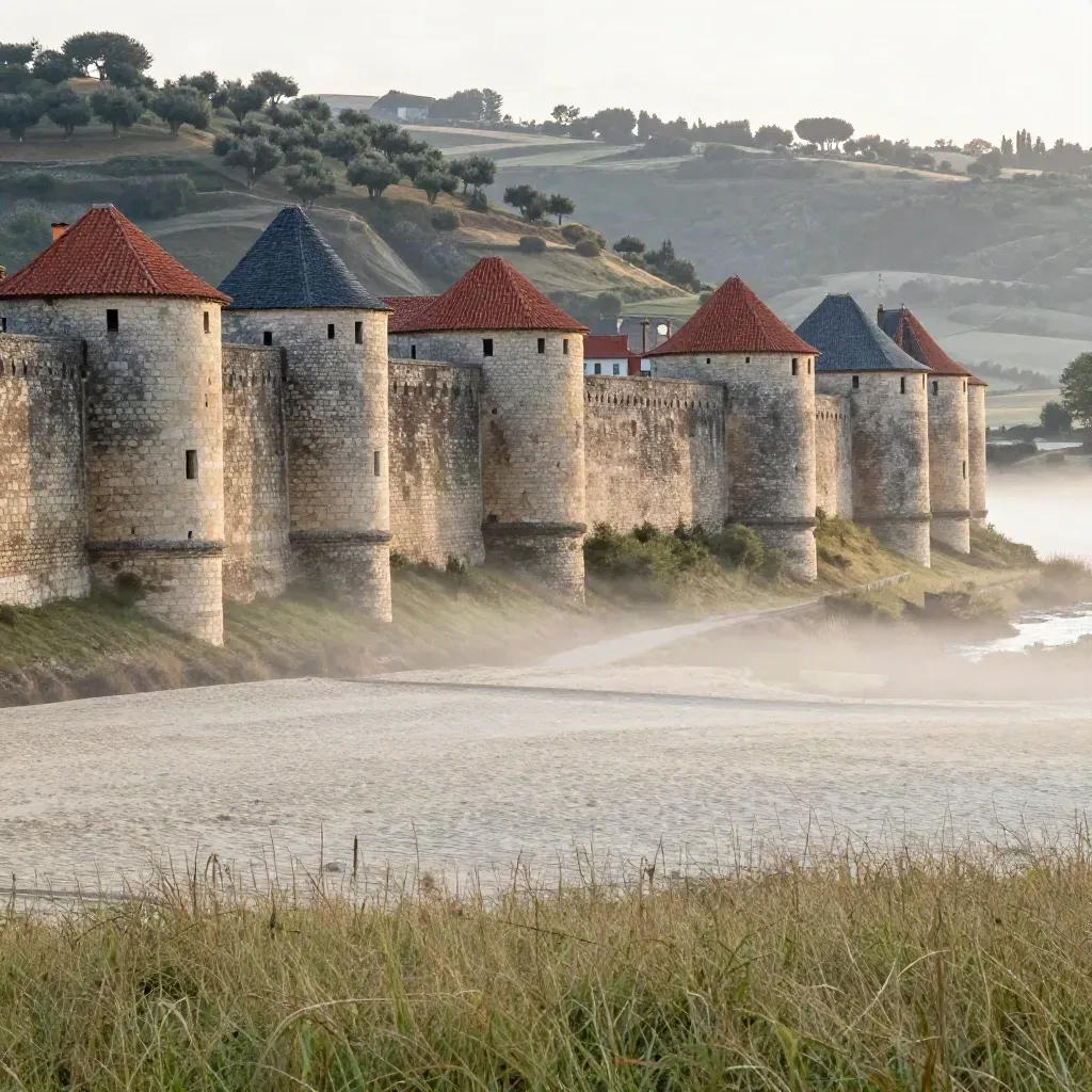 Saint-Jean-Pied-de-Port ramparts above misty valley, pale roofs and olive foothills at sunrise