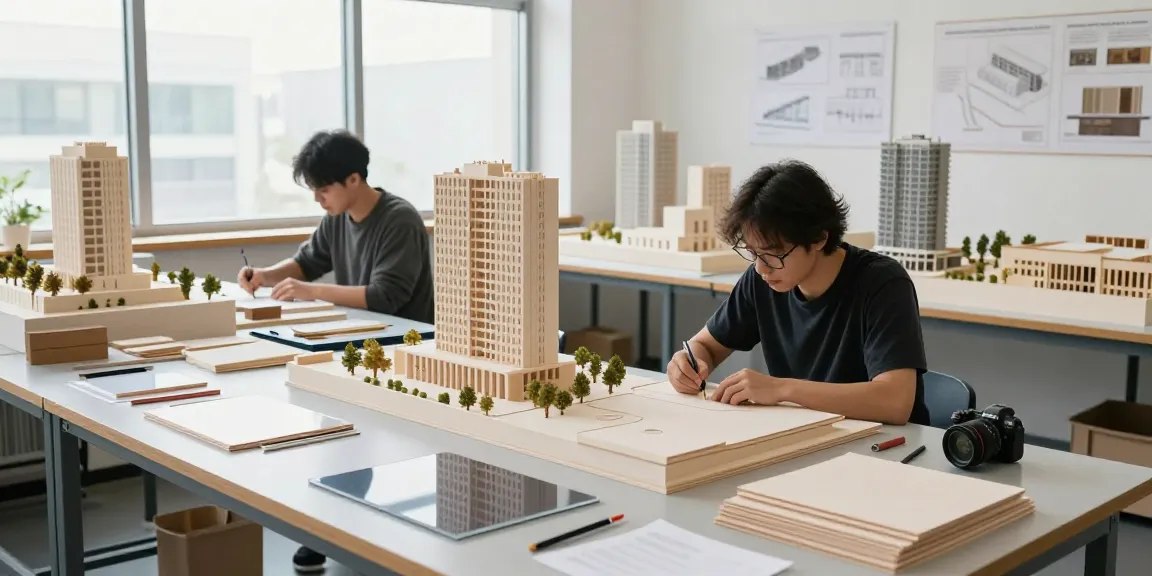 Architektur Modellbau Hannover: Modellbauer arbeiten an detaillierten Architekturmodellen in einer modernen Werkstatt.