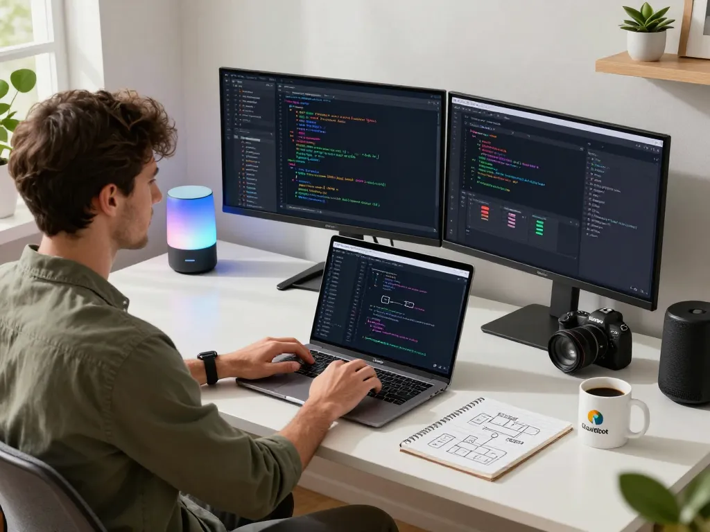 Developer using Clawdbot AI assistant in a modern home office, showcasing productivity and automation features.